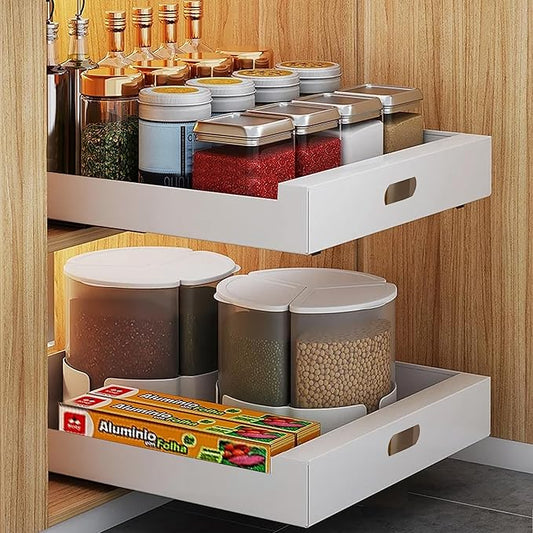 2 Pack Pull Out Cabinet Organizer Adhesive, Heavy Duty Kitchen Cabinet Organizer Pantry Organizers, Cabinet Shelf for Kitchen, Pantry, Bathroom, 12'' W x 16.9'' D x 3.1'' H