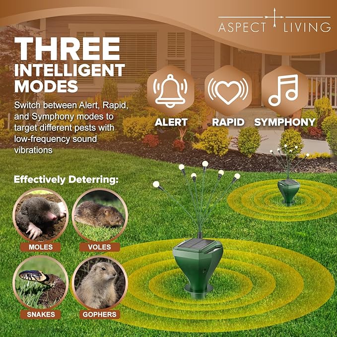 4 Pack Solar Mole Repellent Stakes for Lawn - Gopher Deterrent with Firefly LED Lights, Waterproof Outdoor Pest Control for Voles, Groundhogs, Snakes - Humane Pet Safe Solution