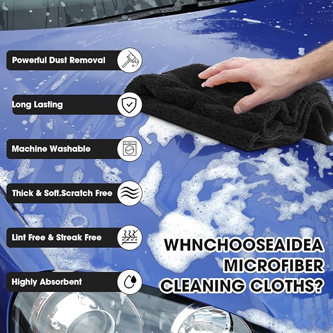 Shimeyao 30 Pcs 16 x 16 Inch Edgeless Microfiber Plush Towels for Cars Detailing Drying Wash Polishing Absorbent Cleaning Cloths, 500 GSM(16 x 16 Inch, Black, 30 Pcs)