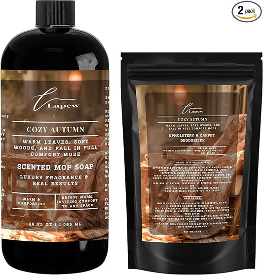 Lapew Cozy Autumn Scented Cleaning Bundle | Carpet Deodorizer Powder (16 oz) & Mop Soap Concentrate (36 oz) | Pet-Friendly Odor Eliminator
