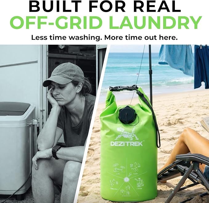 One Hand Wash Bag and Plunger Set - Off Grid Washing Machine Non Electric for Camping Travel | Eco Friendly Portable Manual Clothes