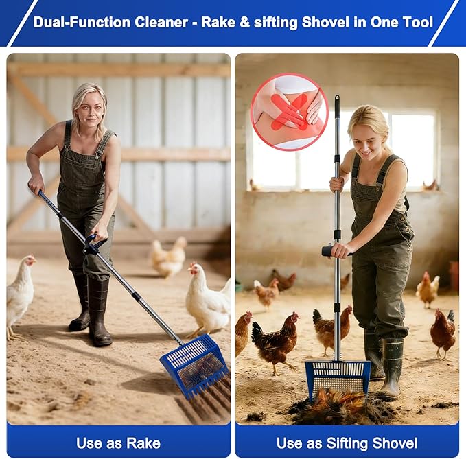 Chicken Poop Scooper & Rake, Stainless Steel Shovel Head Pooper Scooper, Adjustable Stainless Steel Handle 28"-68", Chicken Scooper for Chicken Coop Cleaning Tool with Reuseable Yard Waste Bags