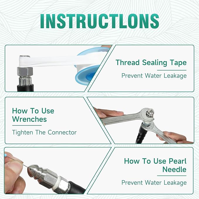 150FT Sewer Jetter Kit for Pressure Washer,1/4‘’NPT Drain Cleaner Hose 5800PSI, with Adapter Corner Rotating Button Nose Sewer Jetting Nozzles Kit Pearl Corsage Pin Spanner Waterproof Tape