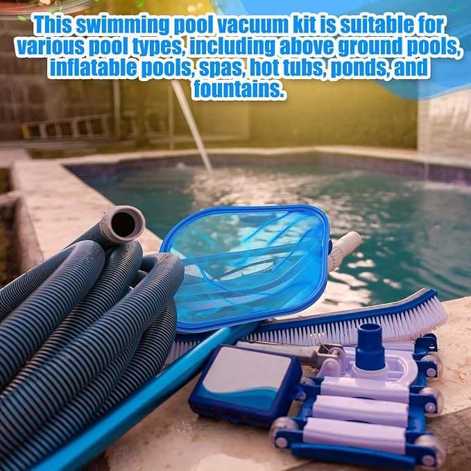 3 Pcs Pool Vacuum Cleaning Kit Vacuum Head Right Corner with Flexible Wheels, 1-1/4" x 18ft Hoses and Skimmer Net Maintenance Accessory Tool for Inground Pool Cleaning