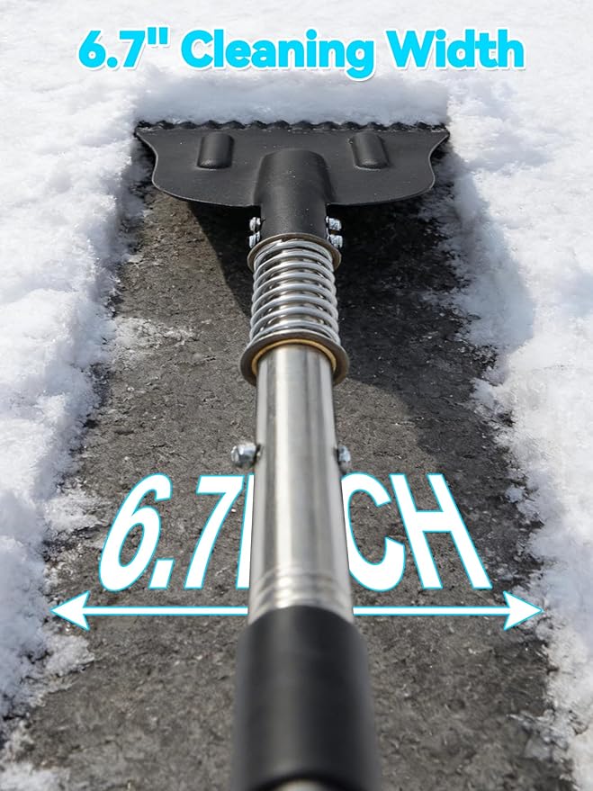 Driveway Ice Scraper, Spring-Loaded Shock-Absorb Ice Chopper for Sidewalk, Heavy Duty Ice Breaker Tool with 66" Long Handle, Serrated Blade for Cut Ice, Snow Removal, Floor Cleaning, Stainless Steel