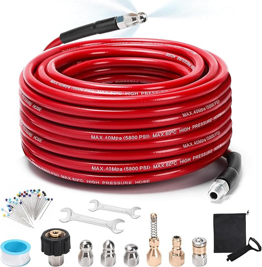 Sewer Jetter Kit for Pressure Washer, 100FT 5800 PSI Drain Cleaner Hose with 1/4" NPT Corner, Rotating and Button Hose Sewer Jetting Nozzle, Waterproof Tape, Pearl Corsage Pin, Spanner, Glove