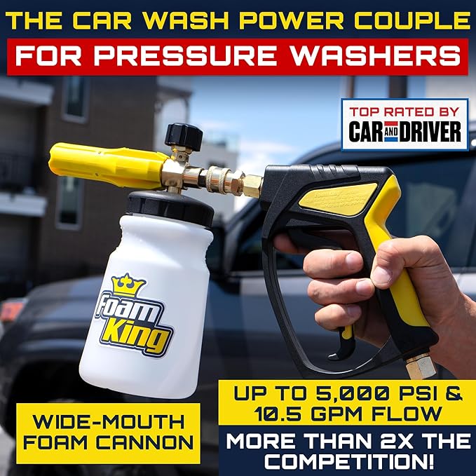 Clean Car USA Foam Cannon Pressure Washer Gun, Stubby Foam Sprayer for Car Wash, Power Washer Swivel for Pressure Washers - Incl. Wash Mitt & Microfiber Towel, Ultimate Detailing Kit for Deep Cleaning