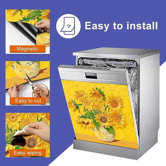 Dishwasher Magnet Cover 23x26 in Sunflower Oil Painting Yellow Art Dishwasher Cover for Kitchen Appliance Decoration Front Panel Sticker Rustic Art Skin Panel Home Decor Decal