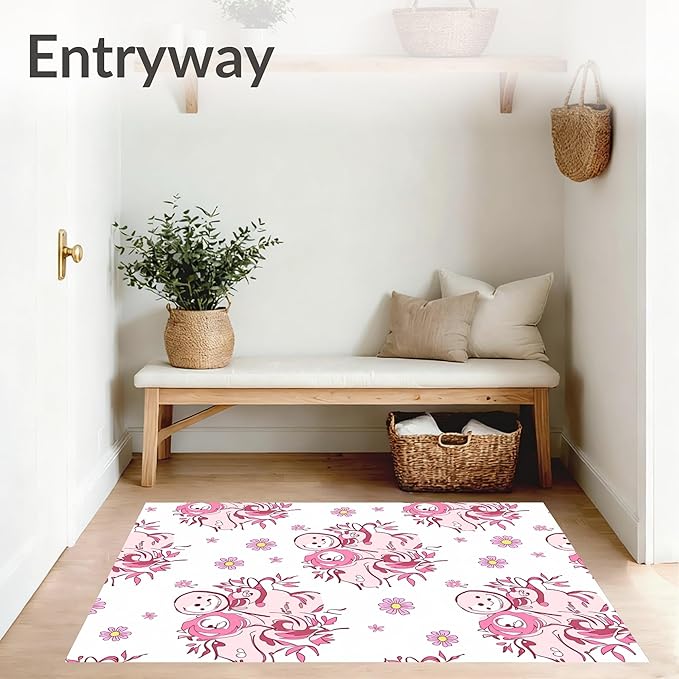 Flatwoven High Traffic Area Rug 3x5, Vintage Snowman Holiday Shower Curtain with Bath Toilet Cover, Non Slip, Stain Resistant, Washable Area Rugs for Living Room, Bedroom (Pink, 3x5)
