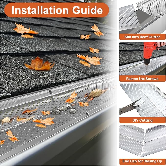 5 inch Gutter Guard, 26 Pack, 104ft, Aluminum Mesh Leaf Guards, DIY Leaf Filter Gutter Protection Cover, Raptor Gutter Guard Cleaning Tools for Downspout, Roof, with Screws