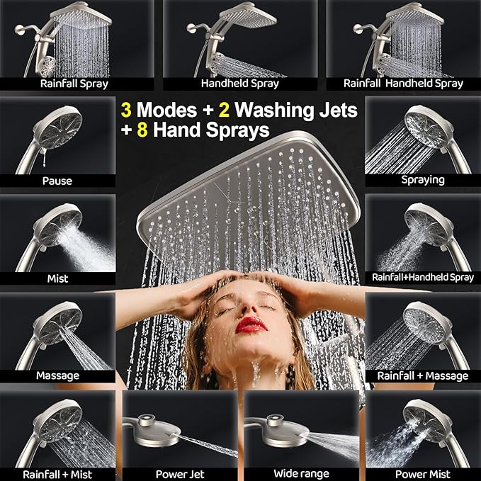 Rain Shower Head with Handheld High Pressure rainfall Shower Heads with Handheld Spray Combo Adjustable one-piece stand daul shower head Built-in Magnetic Docking and Power Jets