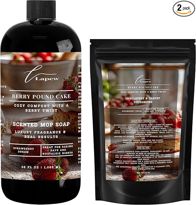 Lapew Berry Pound Cake Bundle – Carpet Deodorizer Powder & Scented Mop Soap Set – Odor Eliminator for Pet-Friendly Homes (Strawberry Pound Cake)
