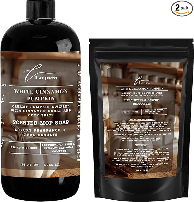 Lapew White Cinnamon Pumpkin Scented Cleaning Bundle | Carpet Deodorizer Powder (16 oz) & Mop Soap Concentrate (36 oz) | Pet-Friendly Odor Eliminator