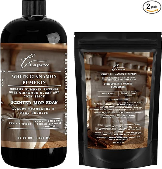 Lapew White Cinnamon Pumpkin Scented Cleaning Bundle | Carpet Deodorizer Powder (16 oz) & Mop Soap Concentrate (36 oz) | Pet-Friendly Odor Eliminator