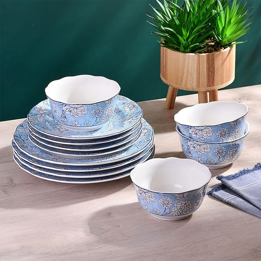 222 Fifth 12-Piece Porcelain Dinnerware Set for 4, White & Light Blue Plates and Bowls Set, Glossy Ceramic Dish Set with Ornate Floral Design, Kitchen Tableware, Microwave & Dishwasher Safe, Cleremont