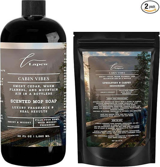 Lapew Cabin Vibes Scented Cleaning Bundle | Carpet Deodorizer Powder (16 oz) & Mop Soap Concentrate (36 oz) | Pet-Friendly Odor Eliminator