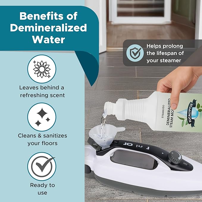 Steam & Go - Demineralized Water for Steam Cleaner, PVC-Free Floor Cleaner Liquid Compatible with Any Steam Mop, Ready-to-Use Multisurface Cleaner, Scented Mop Solution, Eucalyptus Mint, 32 oz