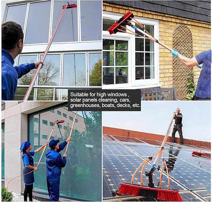 Extendable Window Cleaning Pole Kit 3-12m with Steel Buckle Easy Installation 20m Water Supply Hose 30cm Large Brush Head - Ideal Roof Cleaning Tools