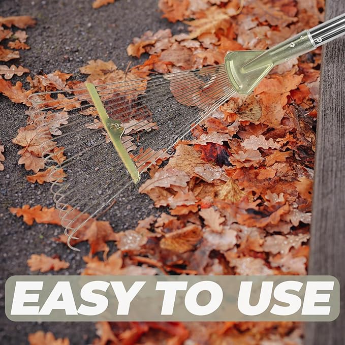 Luxshiny 18-Tooth Retractable Stainless Steel Garden Rake with Extendable Handle 80cm for Lawn and Leaf Cleaning, Heavy Duty Metal Rake for Soil Leveling and Yard Maintenance