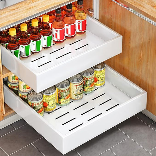 Pull out Cabinet Organizer, 21"Deep, 16.9"Wide Full-Extension Heavy Duty Slide out Drawers with Nano Adhesive, Roll Out Shelf Sliding Cabinet Storage for Kitchen, Bathroom, Pantry, Under Sink(White)