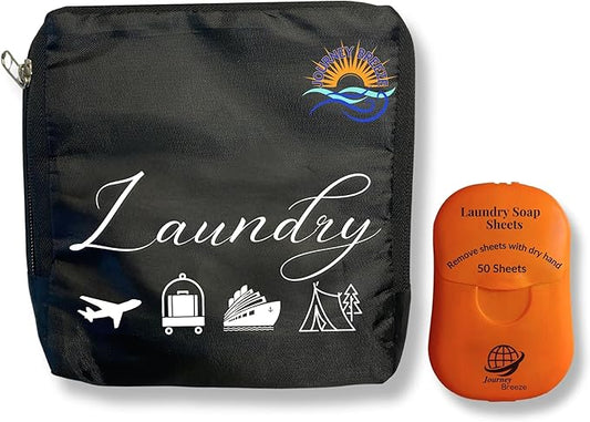 Travel Laundry Detergent Sheets and Foldable Travel Laundry Bag – Compact Laundry Detergent Sheets for Traveling, Dirty Clothes Laundry Bag for Hotels, Cruises & Suitcases