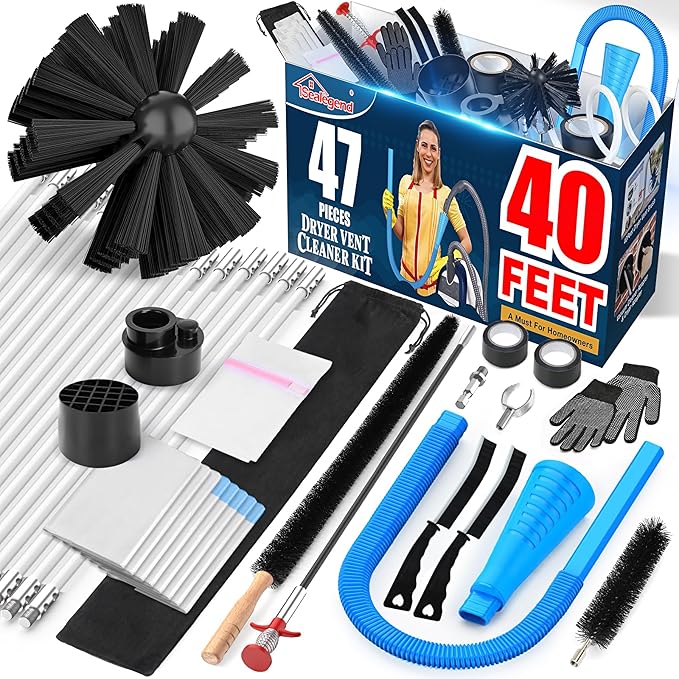 Sealegend 47-Pieces 40-Feet Dryer Vent Cleaner Kit, Dryer Cleaning Tools, Include Omnidirectional Blue Dryer Lint Vacuum Attachment, Dryer Vent Brush, Universal Vacuum & Dryer Adapters