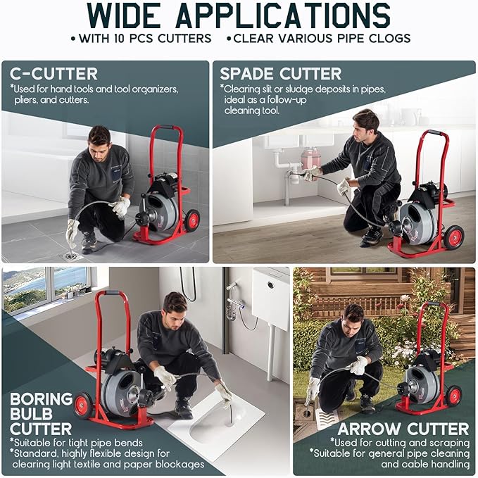 Albott 50 FT x 3/8 inch Electric Drain Cleaner Machine with Auto-Feed & 10 Cutters, Sewer Snake Auger for 1–4 Inch Pipes, Foot Switch & Wheels, Ideal for Home & Commercial Use, Gray/Red