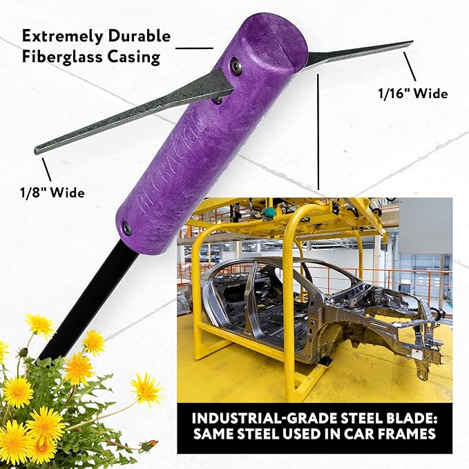 BICRACKIE Stand-Up Crack Weeding Tool with 60" Steel Pole; Steel Blade with 2-Sized, 5" Tapered Ends for Driveways, Patios, Sidewalks, Pavers to Remove Weeds Easily; Made in USA