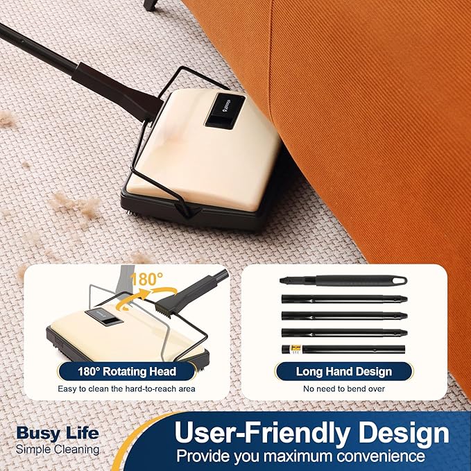 Yocada Manual Carpet Sweeper Cleaner Household Sweeper Lightweight Hand Push Non-Electric for Home Office Low&Undercoat Carpets Rugs Pet Hair Dust Scraps Paper Small Rubbish Cleaning 1*Extra Brush