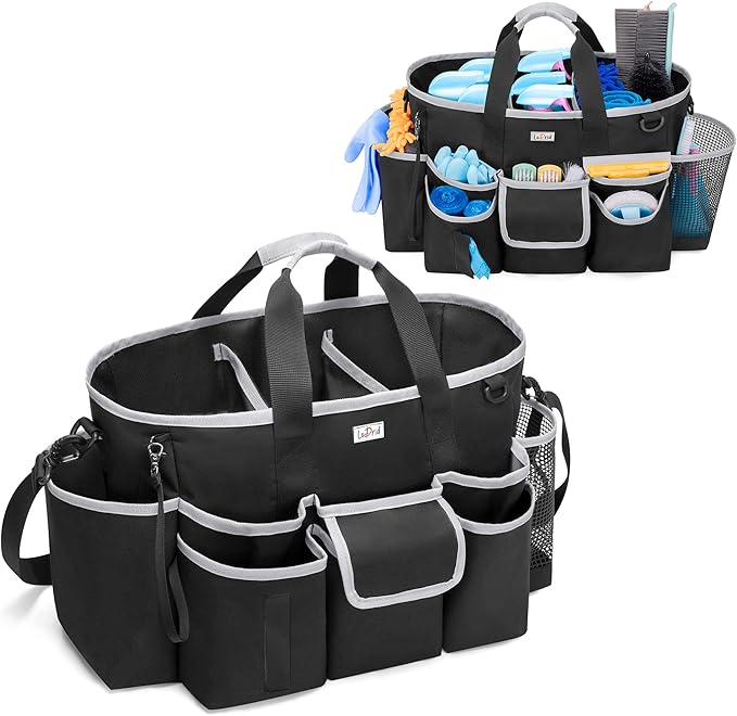 LoDrid Cleaning Caddy Bag with Handle and Shoulder Strap, Cleaning Supplies Organizer for Cleaning Work with 3 Compartments and Multifunctional Pockets, Black with Gray Edge
