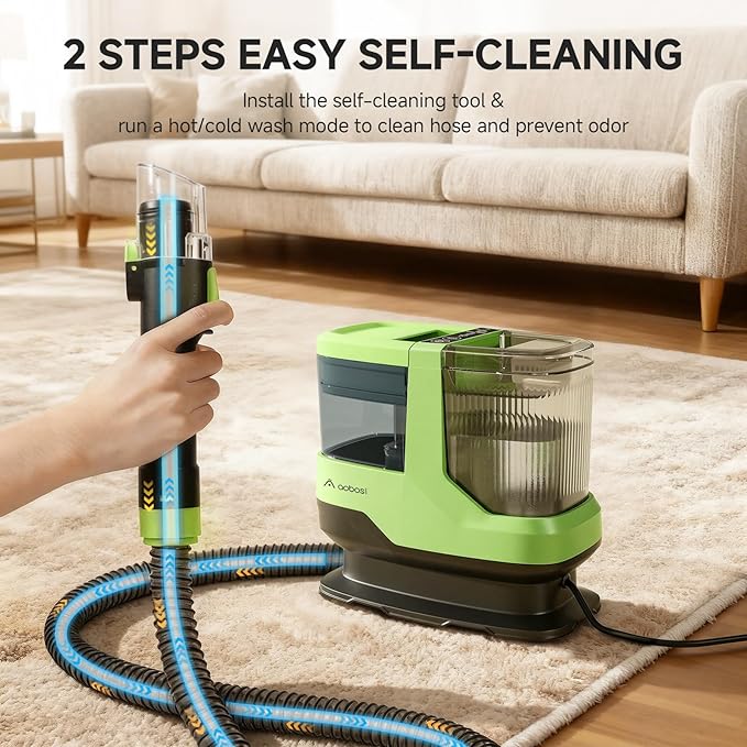 AAOBOSI Portable Carpet Cleaner Machine, 17Kpa Upholstery Steam Cleaner with Smart Voice Prompting, Self-cleaning, 4 Tools for Pets, Car, Couch and Stairs- C688, Green