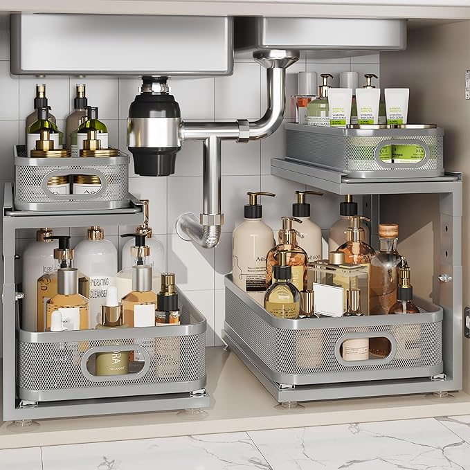 2 Pack 15.5IN-Depth Under Sink Organizer With Next-Gen Ball-Bearing Slides,2-Tier Precision Mesh Pull Out Cabinet Storage for Bathroom&Kitchen,Height Adjustable Drawers Shelf,Anti-rust-Grey