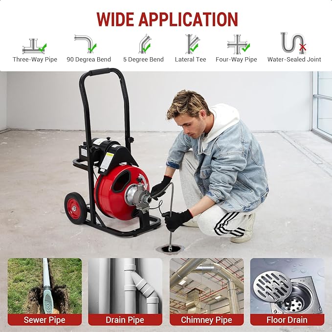 Auto Feed 75 ft x 1/2 in Drain Cleaner Machine with 250W Motor, Portable Sewer Snake Auger with 8 Cutters & Air-activated Foot Switch, Fits 1 in to 4 in Pipes, Black & Red
