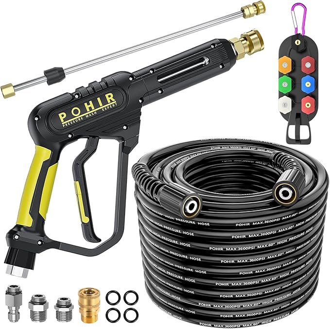 POHIR Pressure Washer Gun and 50FT Hose Kit, 3600 PSI Power Washer Gun Comes With 15in Extension Wand Parts 7 Nozzle Tips Quick Connect Set For Home Cleaning and Car Washing