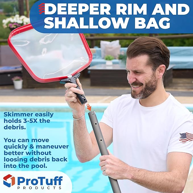 ProTuff Flat Pool Skimmer Net – 2 Year Unconditional Free Replacement – Heavy-Duty Flat Net, Fine Mesh for Leaves, Silt & Pollen – Strong Aluminum Frame, Fits Standard Telescoping Pole
