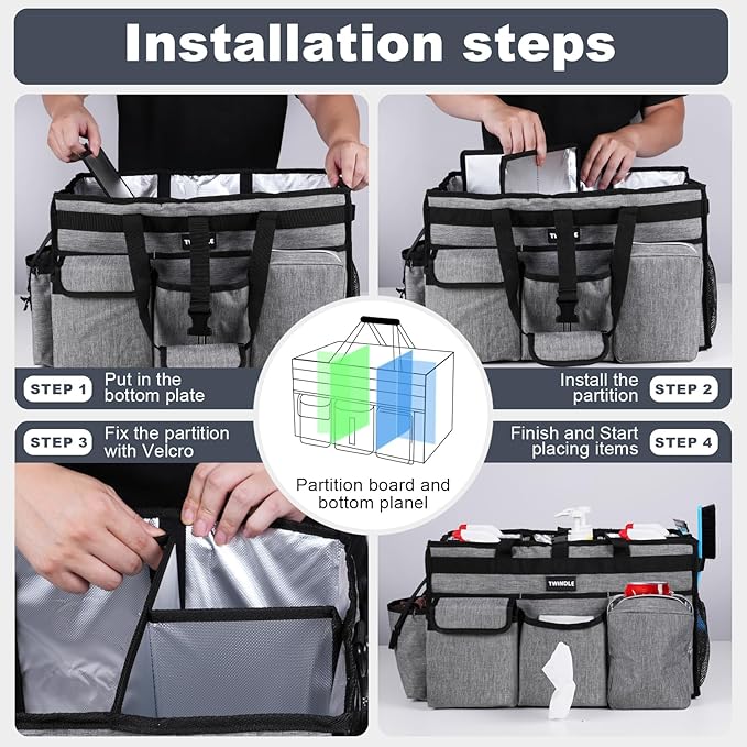 Extra Large Cleaning Caddy Bag with Rigid Support Board, Cleaning Organizer Tote with Detachable Divider, Adjustable Shoulder Strap & Waist Belt, Cleaning Supply Carrier for Cleaners & Housekeepers