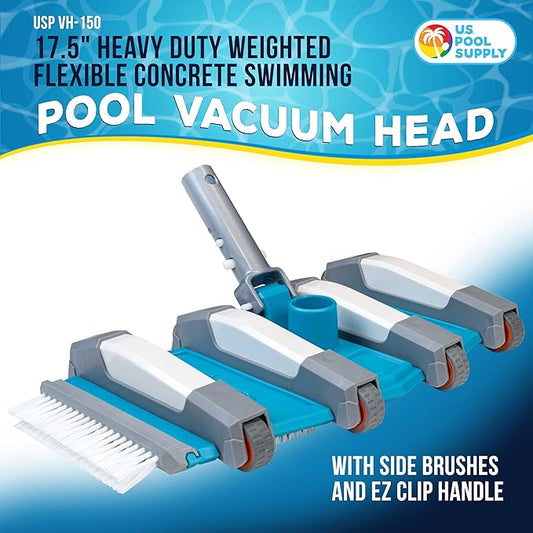 U.S. Pool Supply 17.5" Heavy Duty Weighted Flexible Concrete Swimming Pool Vacuum Head with Side Brushes and EZ Clip Handle - Professional Grade - Faster Cleaning, Easier Debris Removal, Clean Walls