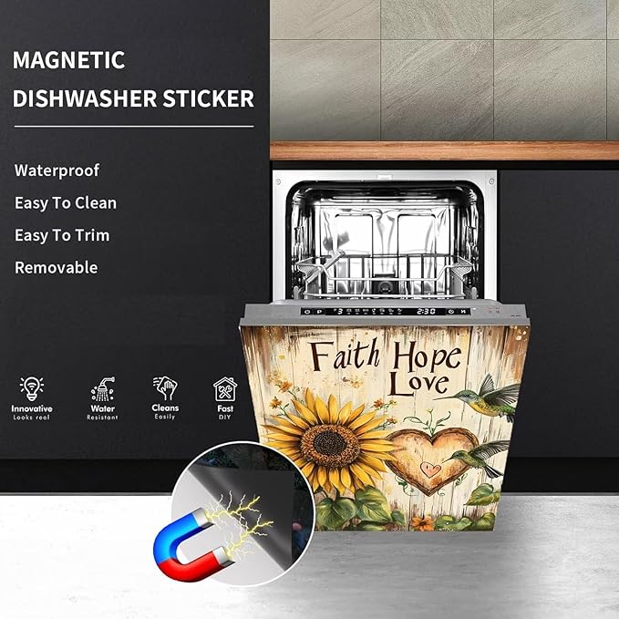 Sunflower Hummingbird Magnet Dishwasher Cover Kitchen Decor Sticker, Faith Hope Love Magnetic Fridge Panel Skin Cover Country Flower Dishwasher Panel Decal, 23" x 26" Magnetic