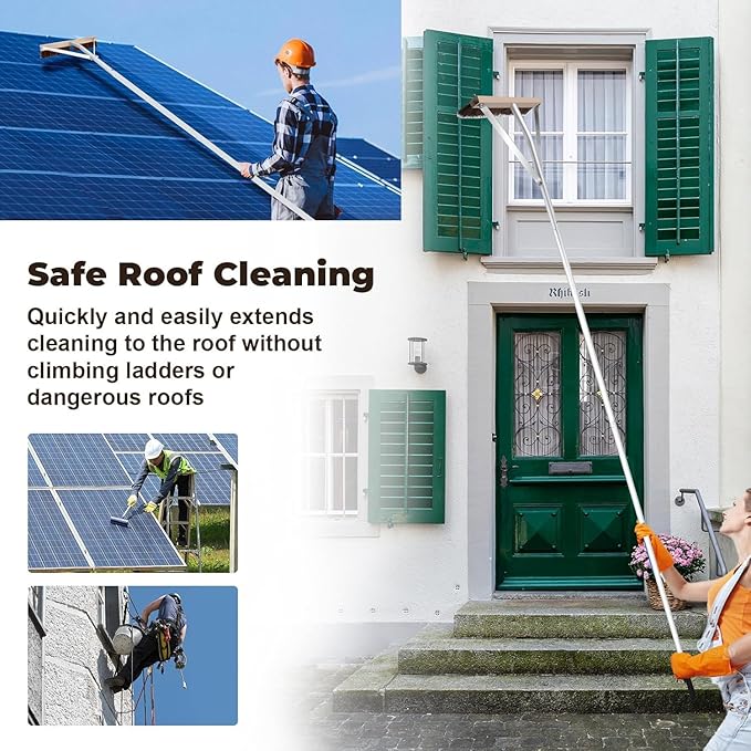 Leaf Roof Brush with Gloves, Roof Rake Remove Leaves, Adjustable 5-21ft Roof Cleaning Brush Tool for Shingles, Corrugated, Solar Panel, Lightweight Long Handle Extension Aluminum Poles Broom