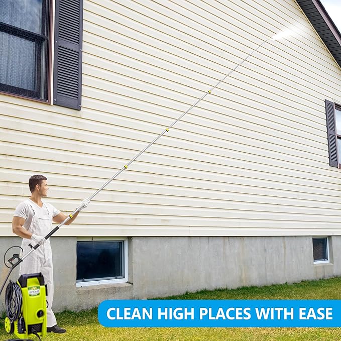 24 FT Telescoping Pressure Washer Wand Extension, Hot Water Supported Power Washer Extension Wand with 7 Nozzle Tips, 3 Adapters & Harness, Gutter Cleaning Tools for 2 Story House