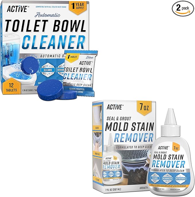 ACTIVE Automatic Toilet Bowl Cleaner and Mold Stain Remover - Includes 12ct Toilet Bowl Cleaning Tablets and 7oz Mold Stain Removing Gel