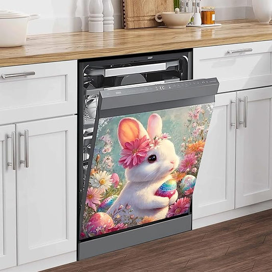 NYZE Easter Dishwasher Magnetic Cover, Bunny Eggs Dish Washer Magnet Cover Panel Waterproof Oil Proof Decorative Sticker for Dishwasher Refrigerator(Bunny with Flower)