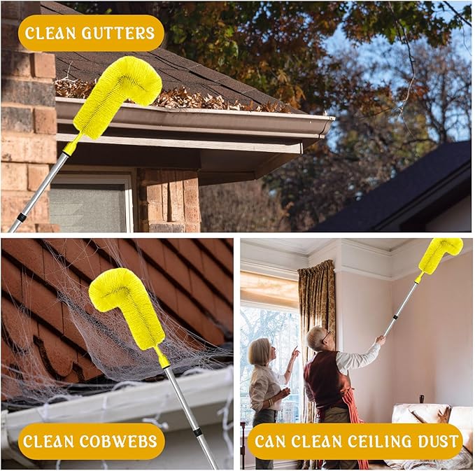 Gutter Cleaning Brush Extendable Guard Cleaner Tool with 8 Pcs Telescoping Handle Extension Pole 10ft, Gutter Cleaning Tools from The Ground for Easy Removing Leaves Debris Window Cleaner (Yellow)