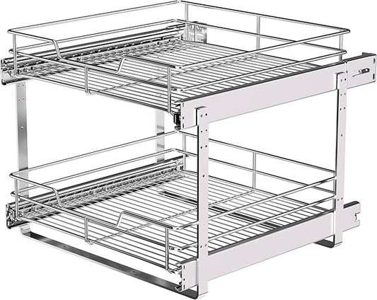 2-Tier Pull Out Cabinet Organizer (17" W x 22" D), Pull Out Shelves and Drawer for Kitchen Pantry Storage Basket, Heavy-Duty Metal Sliding Shelf, Chrome Finish
