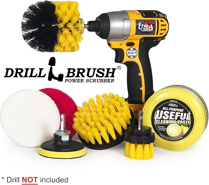 Drill Brush Attachment Multipurpose House Cleaning Supplies Set: Nylon Toilet Brush Kit, Lemon Lime Scented Cleaning Paste, Scrub Pads - Bathroom & Kitchen Tile Grout Cleaner - Household Essentials