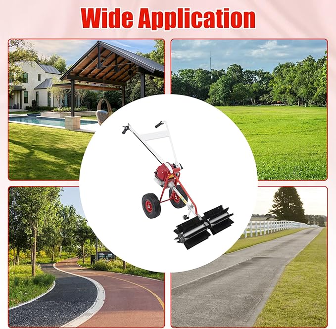 4 Stroke Gas Powered Hand Push Sweeper, Strong Power Lawn Sweeper Machine with 23in Long High-Density Brush, Artificial Grass Brush Gasoline Powered Broom for Lawn, Driveway, Snow