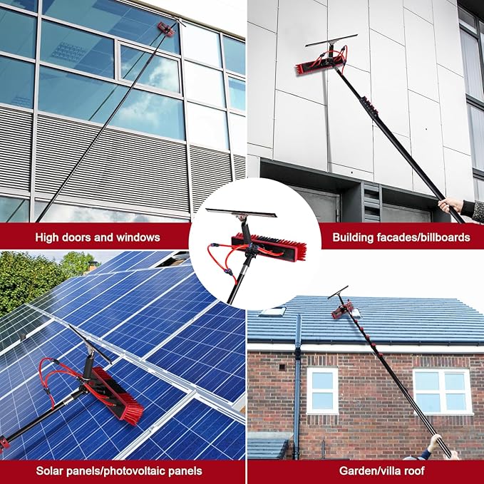24ft Long Reach Solar Panel Cleaning Brush Kit,Telescopic Water Fed Pole & Squeegee, 2 Dusting Brushes for Window Outdoor Roof Cleaner Kit