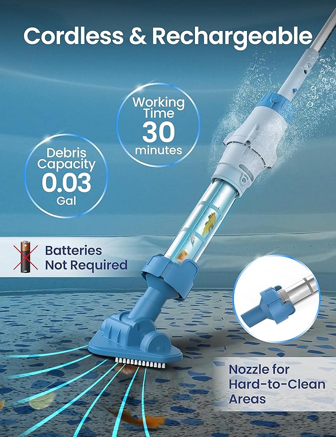 KOKIDO (2024 New) Rechargeable Spa Pool Vacuum Kit with Pole and Tools - Skimmer, Scrubber, Brush. IPX8 Cold/Hot watersafe, Steel Mesh Filter. Ideal for Spas Hot Tubs, for Sand and Debris XTROVAC 100