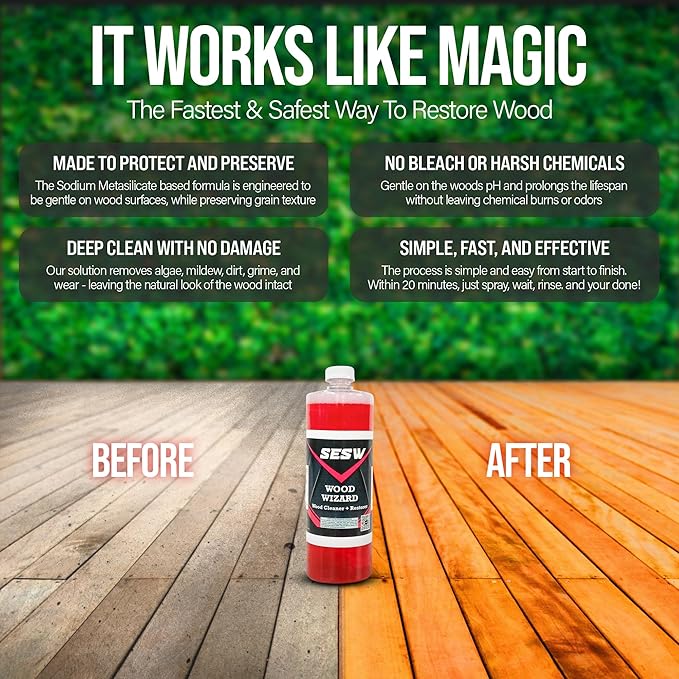 Southeast Softwash Wood Wizard | Heavy Duty Wood Floor Cleaner & Stain Remover | No-Bleach Wooden Floor Cleaner for Decks, Fences, & Docks | Odorless Concentrated Solution (1 Quart Bottle, 12 Pack)
