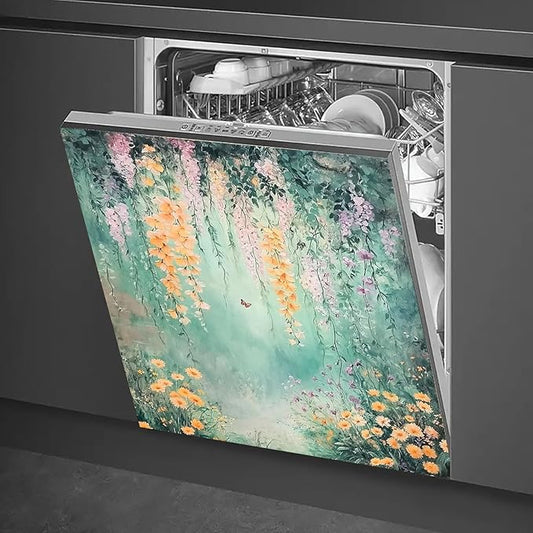 Dishwasher Magnet Cover 23x26 in Waterfall Flowers and Butterfly Over Mint Green Background Magnetic Dishwasher Cover for Kitchen Appliance Decoration Front Panel Sticker Panel Home Decor